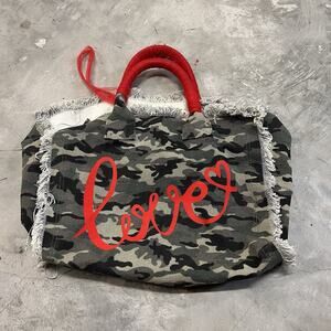 HIPCHIK COUTURE FRINGE CANVAS LOVE TOTE Hot Red w/Handles Beach Bag